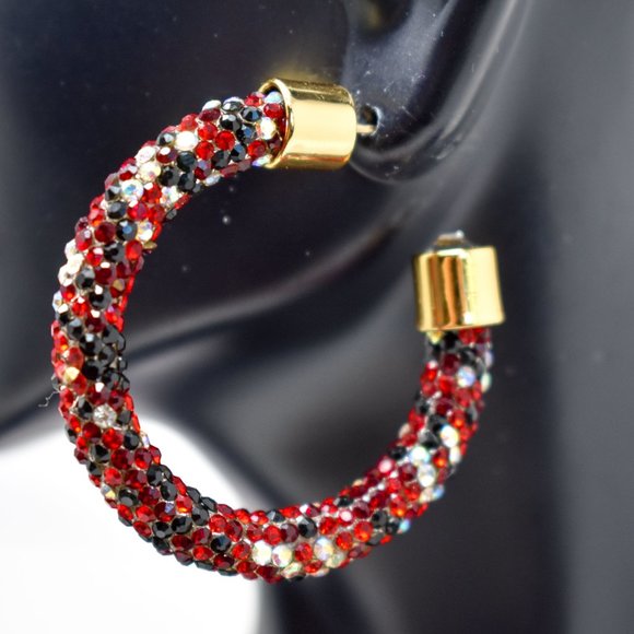 1.75" Black/Red/AB Pave Wrap Rhinestone Hoops (B) - Picture 6 of 12